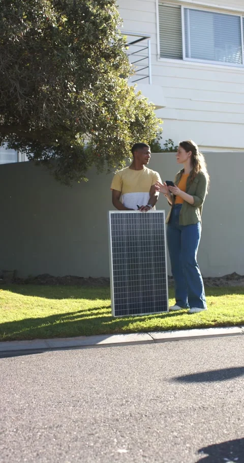 Vertical video: Installer and client talking solar panel position by curb while Stock Footage 345217916
