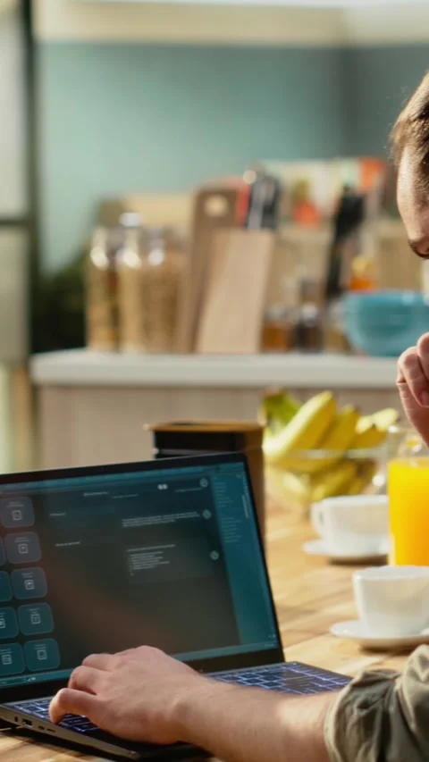 Vertical Video Interacting with AI chatbot, interface on laptop, generative AI Video stock 330439742