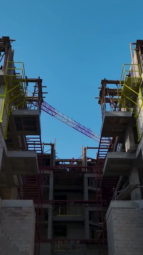 Vertical Video Interior Construction Floor Framing City View Through Columns Stock Footage 342121938