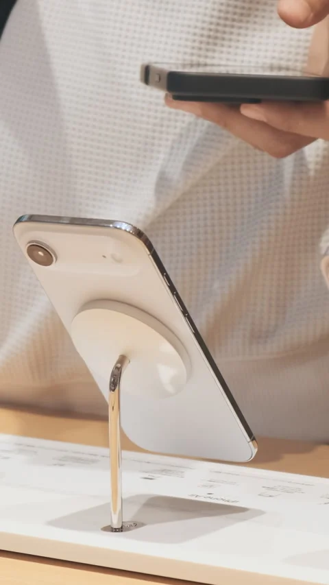 Vertical video: iPhone 17 smartphone on display inside Apple Store. Bright new  Stock Footage 322514778