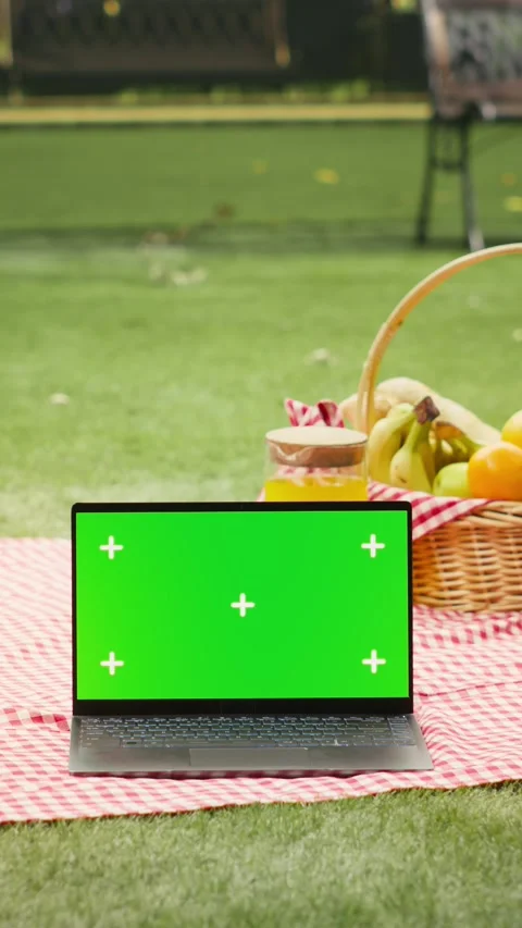 Vertical Video Isolated chroma key on laptop screen in empty public park with Stock Footage 341470563