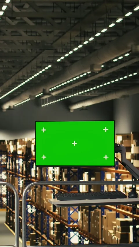 Vertical Video Isolated mockup screen in empty fulfillment center warehouse Stock Footage 330139221