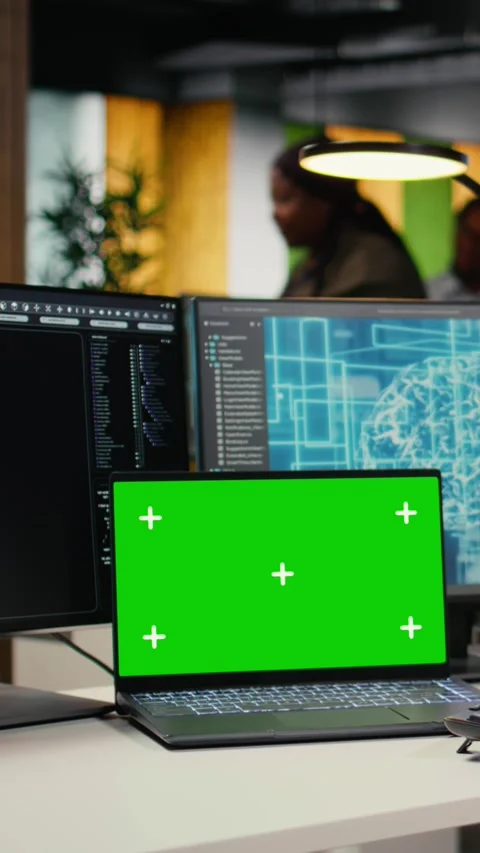 Vertical video Isolated screen laptop used by engineer in startup office working Stock Footage 323403799
