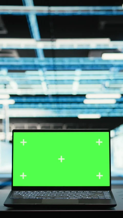 Vertical video Isolated screen laptop in data center used to optimize server Stock Footage 329322398