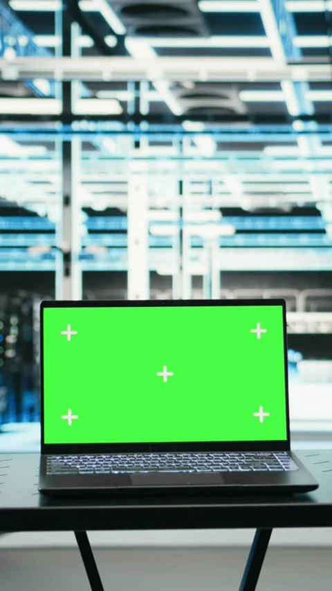 Vertical video Isolated screen laptop in data center and augmented reality Stock Footage 329451066
