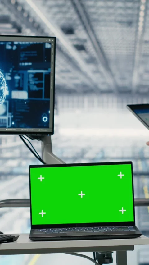 Vertical video Isolated screen notebook, monitoring production with AI and Stock Footage 333614642