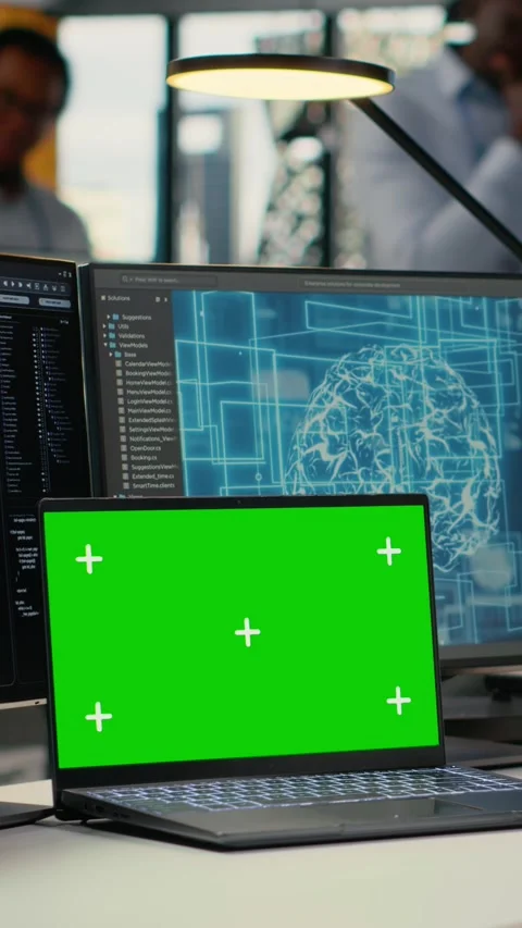 Vertical video Isolated screen PC used by admin in office, using AI specialized Stock Footage 323403448