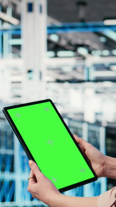 Vertical video Isolated screen tablet used by server hub admin to monitor rigs Stock Footage 330138824