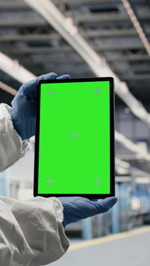 Vertical video Isolated screen tablet in semiconductor production plant facility Stock Footage 333614759