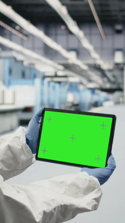 Vertical video Isolated screen tablet used by cleanroom manager tracking Stock Footage 333615136