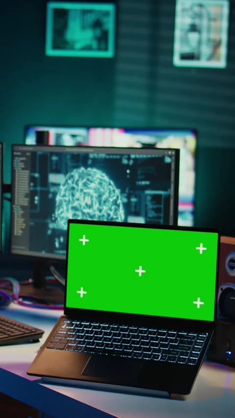 Vertical video IT admin coding and using EEG headset to upload brain into green Stock Footage 266749446