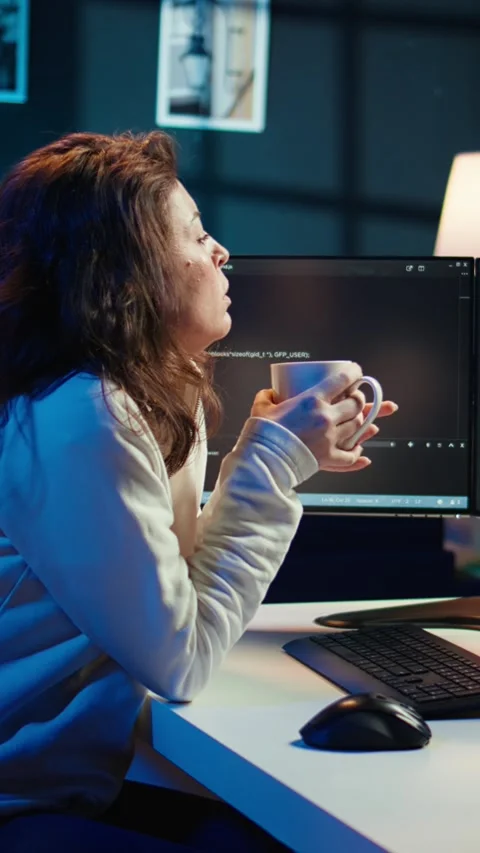 Vertical video IT admin enjoying hot beverage while increasing data security Stock Footage 283508346