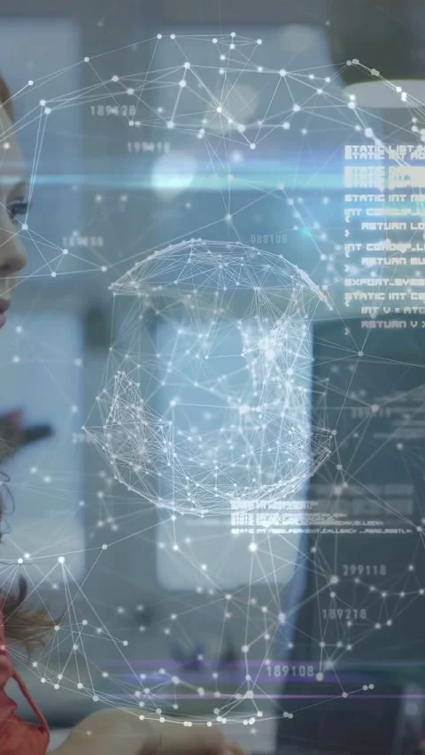 Vertical video: IT agent typing, donning headset and starting speaking with 3D Stock Footage 333260084