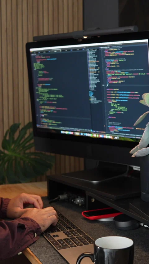 Vertical Video of IT Engineer Coding at Modern Workspace Stock Footage 314711460