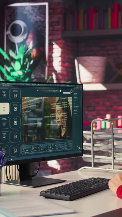 Vertical Video IT engineer at desk generating code algorithm with AI powered Stock Footage 306056726