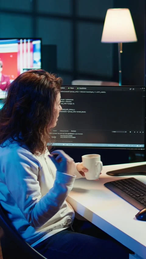 Vertical video IT master teaching apprentice in webinar how to write code Stock Footage 283509155