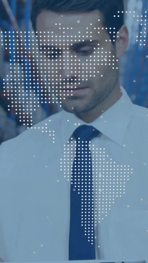 Vertical video: IT pro reading tablet in data center, showing dotted map and Stock Footage 331128360