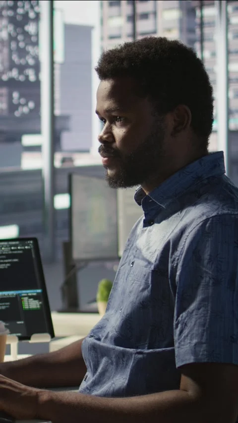 Vertical video IT professional working with AI tech to transform data into Stock Footage 319489725