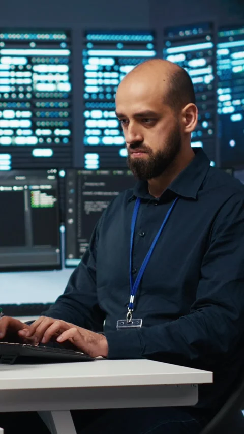 Vertical video IT programmer safeguarding supercomputers against unauthorized Stock Footage 274680356