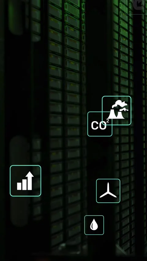 Vertical video: IT rack receiving data feed and sliding teal icons showing CO2 Stock Footage 332775243