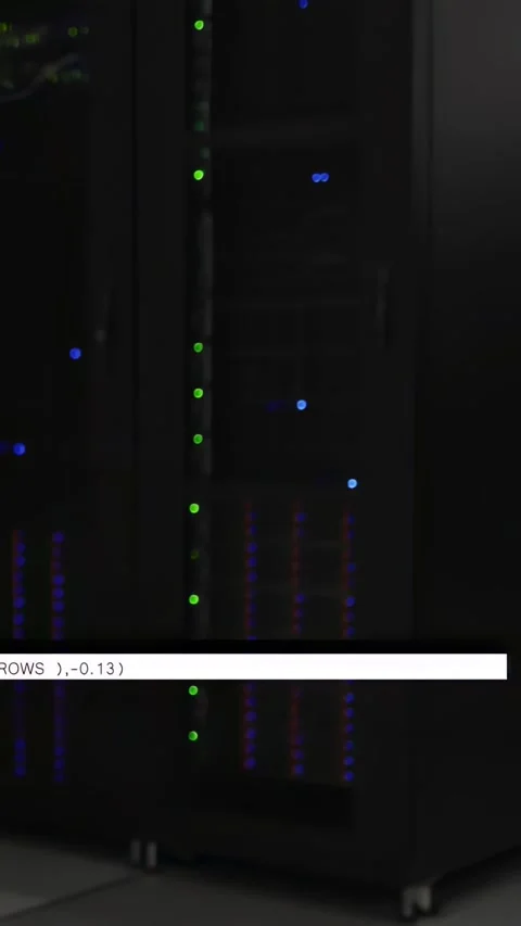 Vertical video: IT racks idling, overlay appearing and scrolling code, LEDs Stock Footage 334387024