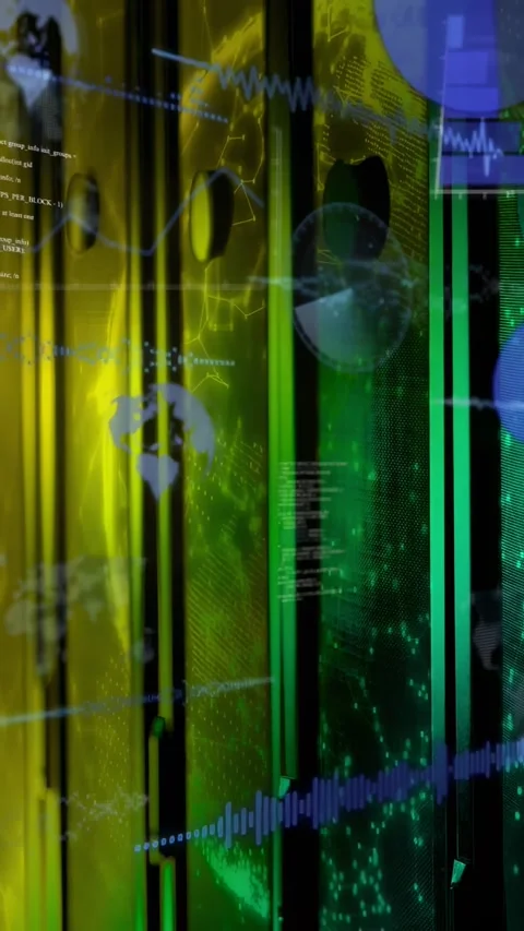 Vertical video: IT server cabinets on data pulse overlaying waveform globe code Stock Footage 331270738