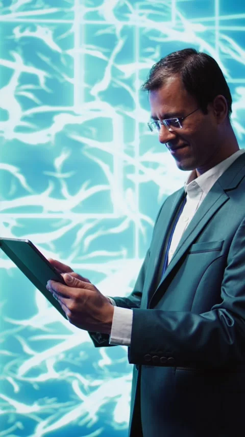 Vertical video IT specialist coding on tablet, programming artificial Stock Footage 278552108