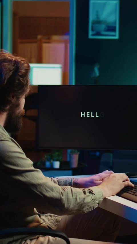 Vertical video IT specialist programming sentient AI with mockup computer Stock Footage 266750849
