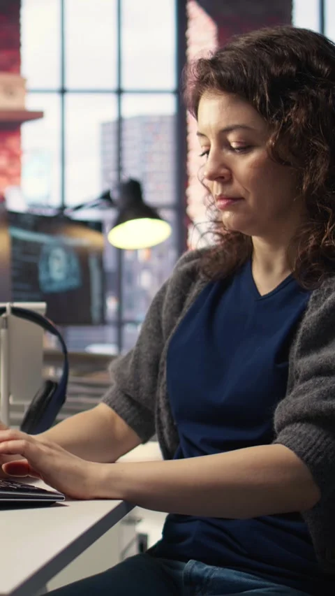 Vertical Video IT specialist at workstation programming on monitor and writing Stock Footage 308491781