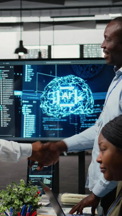 Vertical video IT specialists doing handshake with businessmen in tech agency Stock Footage 323329809