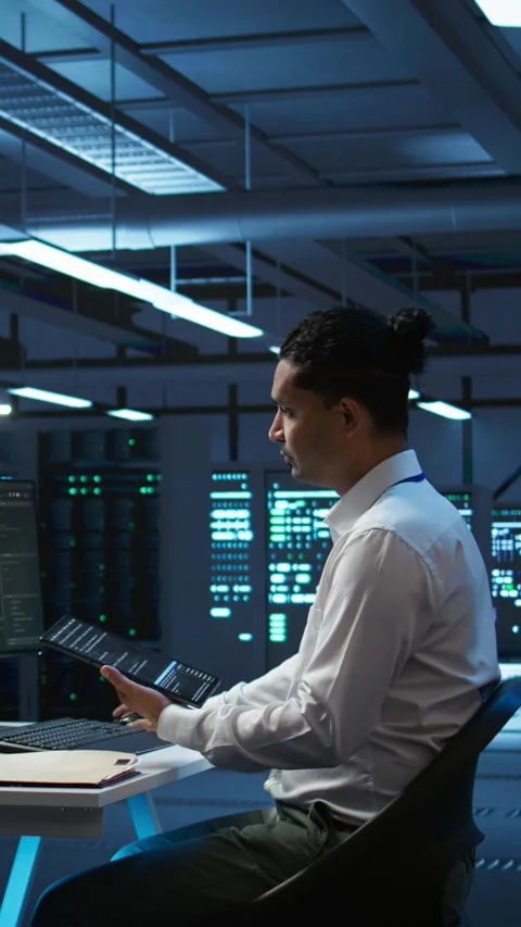 Vertical video IT staff member in server hub establishing performance benchmarks Stockbeeldmateriaal 280608294
