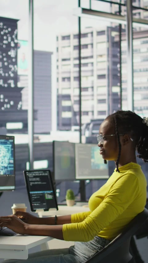 Vertical video IT staff member writing artificial intelligence code Stock Footage 319473992