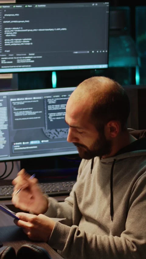 Vertical video: IT system engineer comparing data files on clipboard papers Stock Footage 220336079