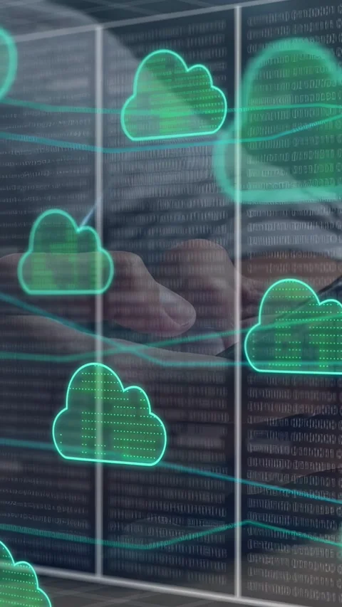 Vertical video: IT tech hands typing keys over racks showing cloud icons over Stock Footage 335264024