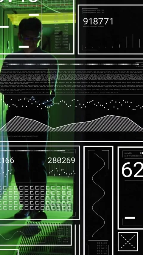 Vertical video: IT tech lifting tablet and scanning metrics, checking servers as Vídeos de archivo 334604938