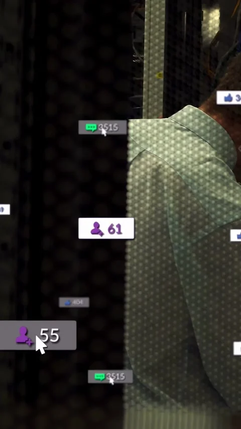 Vertical video: IT tech turning into view behind mesh, cursor animating badges, Stock Footage 332806356