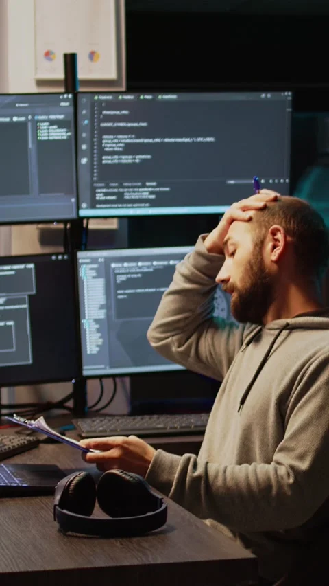 Vertical video: IT web developer comparing data files on clipboard papers Stock Footage 220332528