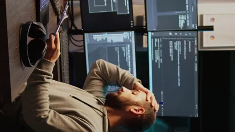 Vertical video: IT web developer comparing data files on clipboard papers Stock Footage 221872436