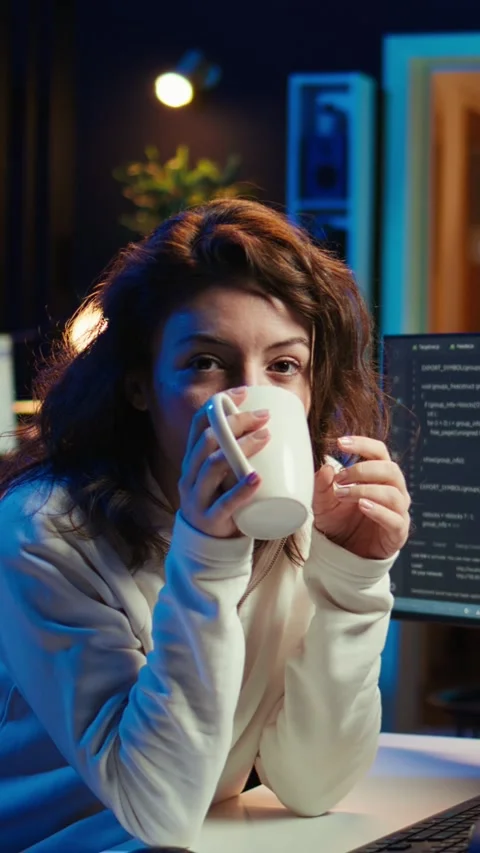 Vertical video Joyful IT worker holding coffee mug and debugging code Stock Footage 283507442