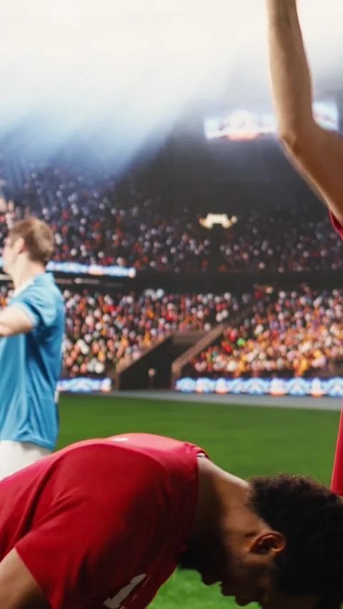 Vertical Video Joyful soccer player and teammate celebrating match win with arms Video stock 338047181