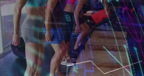 Vertical video: Jumping group on cue doing box jumps on plyo boxes in gym in Stock Footage 330741800