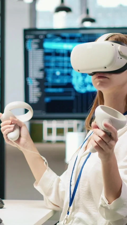 Vertical video Junior dev using virtual reality at work, testing generative AI Stock Footage 312768414