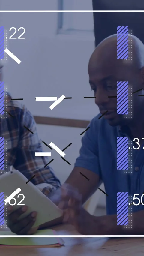 Vertical video: Junior rep tapping tab, giving pad while lead showing tech data Stock Footage 329552362