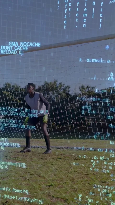 Vertical video: Keeper shifting on goal while matrix overlaying soccer goal area Video stock 337540757