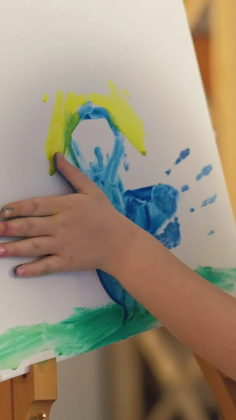 Vertical video kid art hand painting girl fingers Stock Footage 231055648