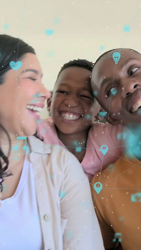 Vertical video: Kid coming hugging adults as selfie cam filming icons circling Stock Footage 334046861