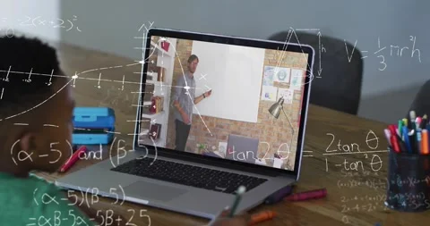 Vertical video: Kid copying tutor writing on board via laptop for learning, math Stock Footage 330741260