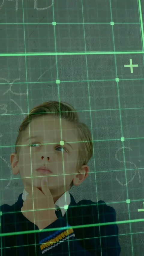 Vertical video: Kid hand on chin doing math as cam panning showing face green Stock Footage 330306339