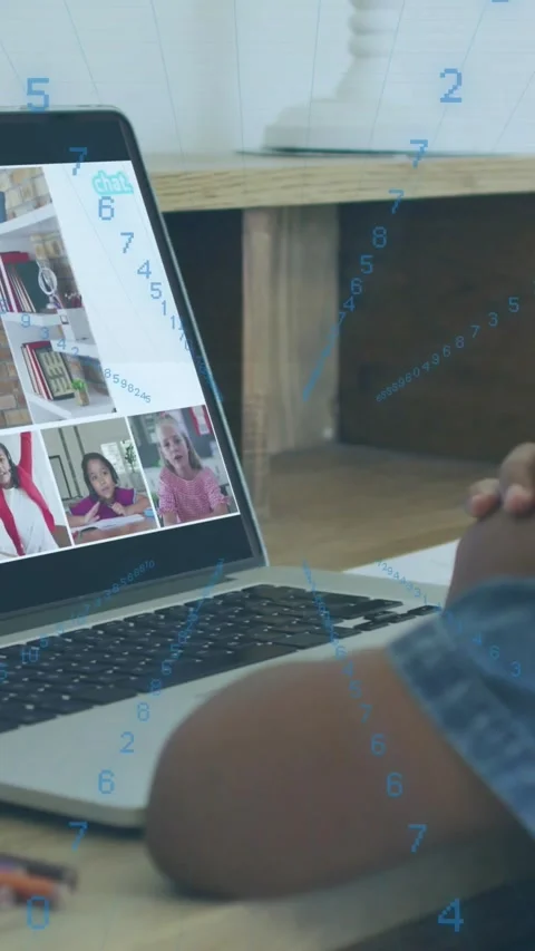 Vertical video: Kid viewing laptop grid in remote lesson, ping making blue Stock Footage 331333966