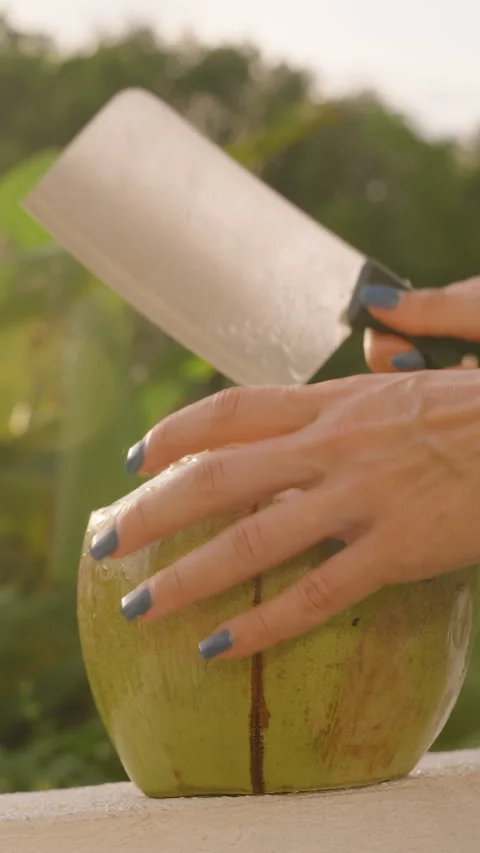 Vertical video. Knife Striking Fresh Coconut with Water Splashing in Slow Motion Stock Footage 315564405